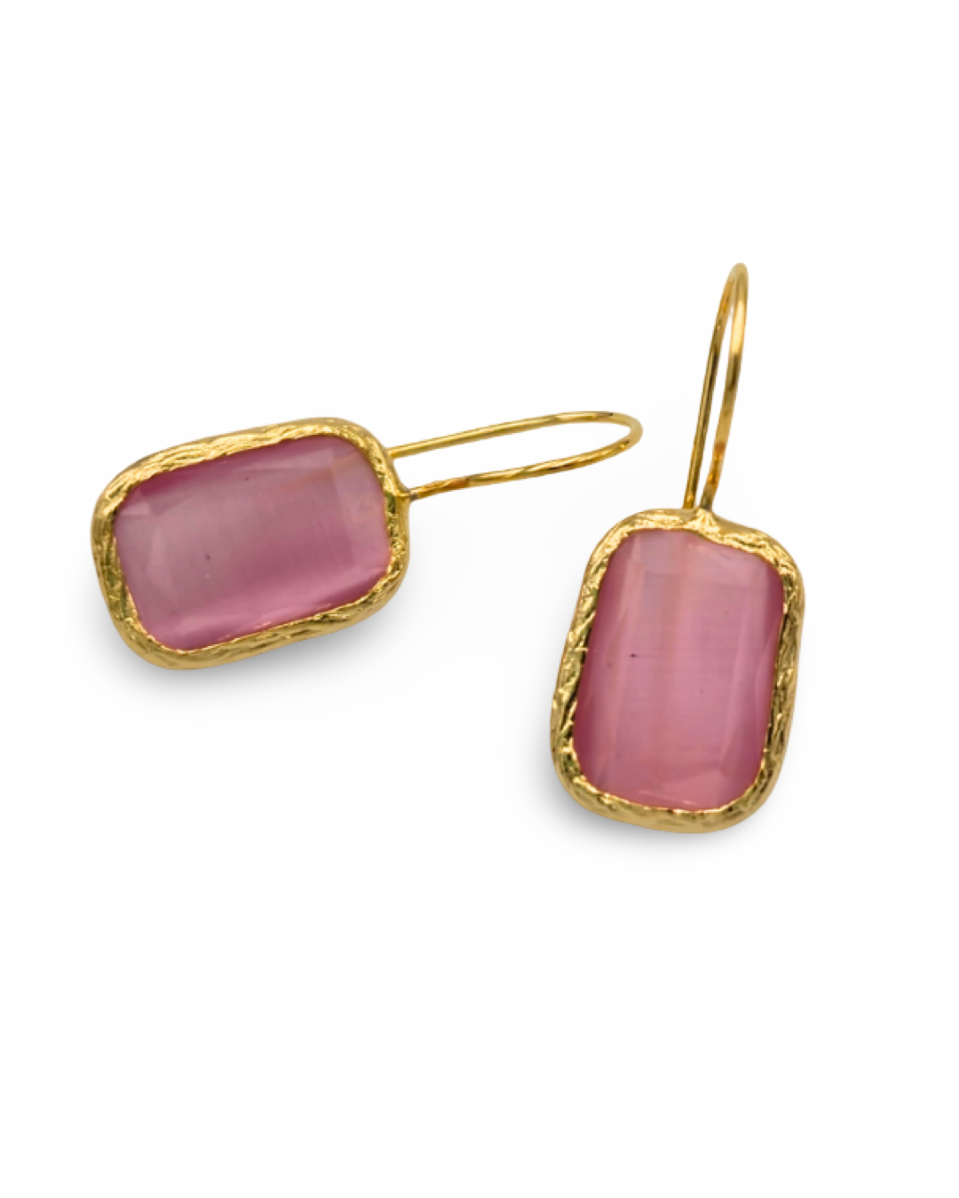 dörtgen kesin pembe kuvars altın kaplama küpe